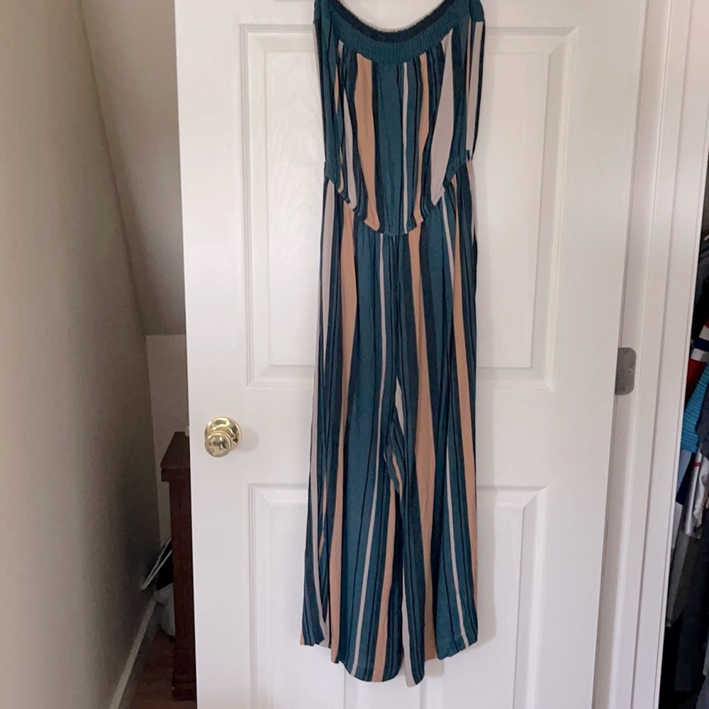 Strapless Jumpsuit. Fun color block wide leg